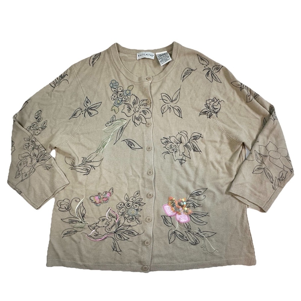 White Stag Tan Cardigan Sweater Womens XL Fairy Cottage Floral Sequin Vtg. Y2K